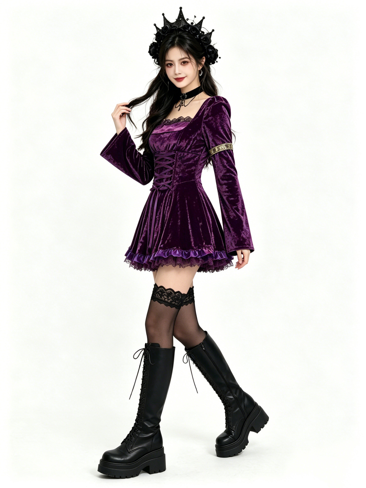 Gothic Vampire Mini Dress - Women Dark Lace Devil Costume